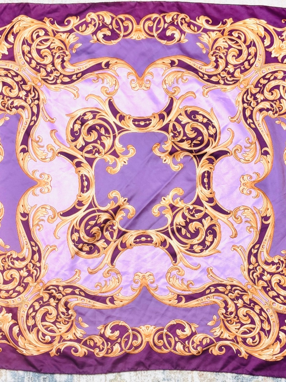 Vintage Poss. Gloria Vanderbilt Purple Gold Scarf, 34" Square